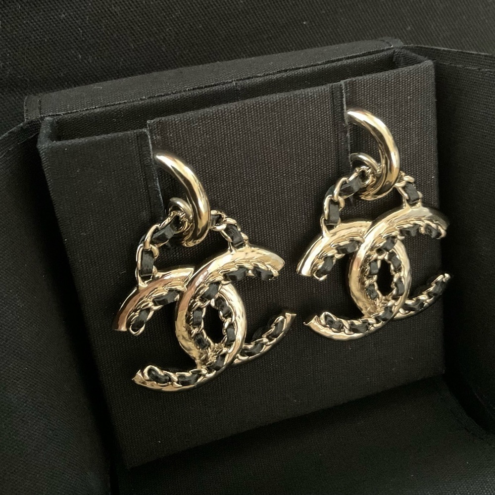Chanel Goldtone & Lambskin Dangle Earrings - Picture 2 of 8